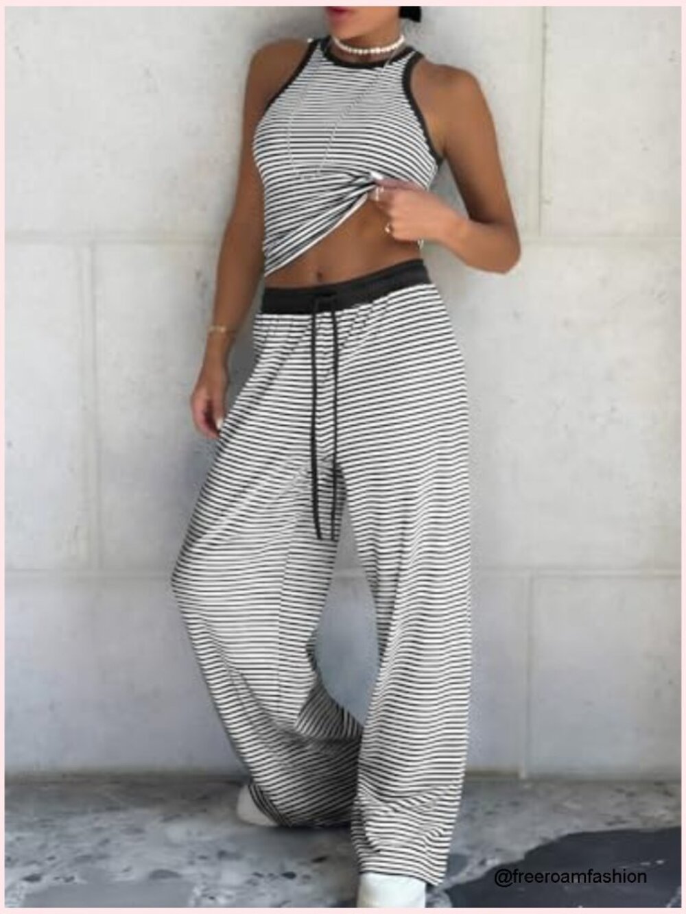 Cotton Summer 2 Piece Outfits Striped Halter Tops Wide Leg Pant Sets Lounge - Picture 3 of 7